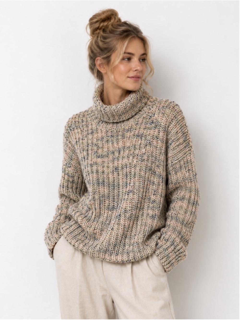 NWT Lou & Grey Turtleneck Sweater Chunky Knit Oversized Cream Coral Navy Yellow